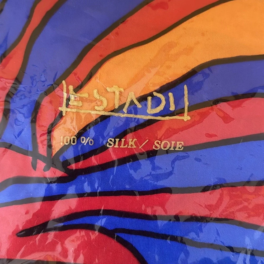 Estadi 100% Silk Twill Orange Red Blue Abstract Print Scarf Hand Rolled Hem NEW